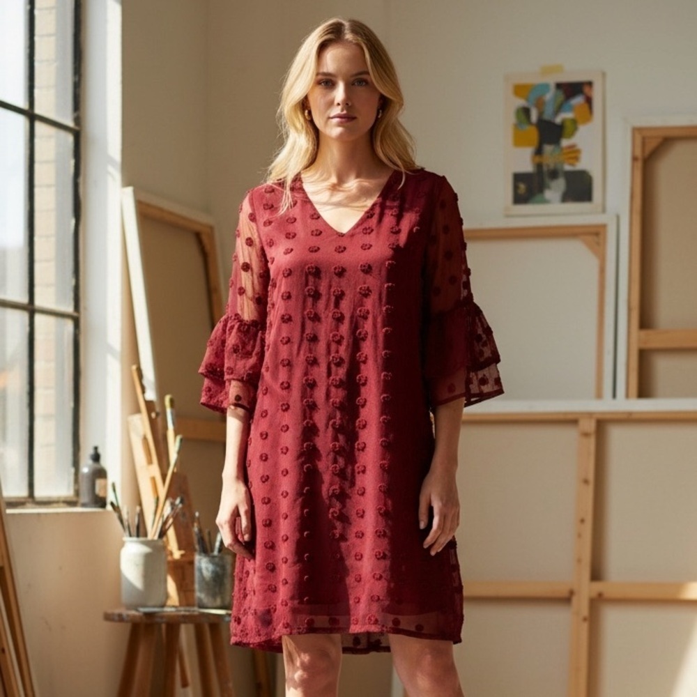 Belonsci Women’s Dress V-Neck Swiss Dot Red Wine Midi Chiffon Shift Size-L NWT